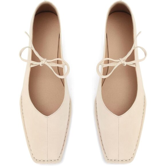 Women Beige Faux Leather Square Toe Lace Up Ballerina Ballet Slip On Flats - Picture 6 of 7